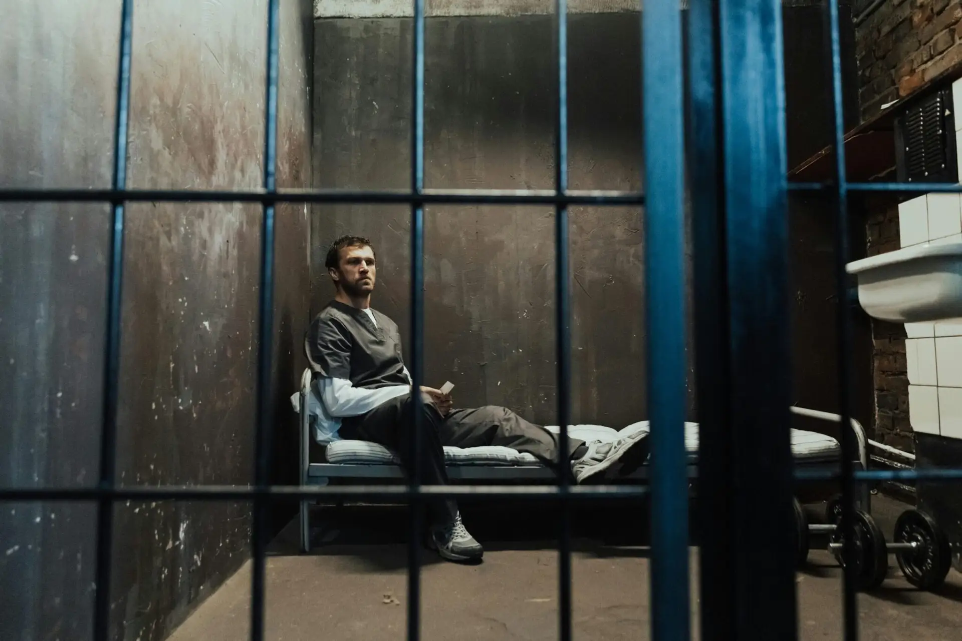 An adult male in prison uniform sitting on a bed in a dimly lit jail cell.